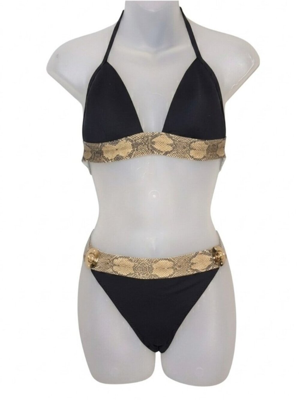 Just Cavalli Beachwear Snake Print Halter Bikini Black Gold Size Medium / Large